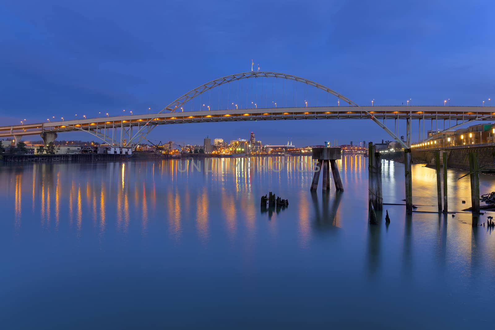 Fremont Bridge Over Willamette River in Portland Oregon Industrial Area at Blue Hour