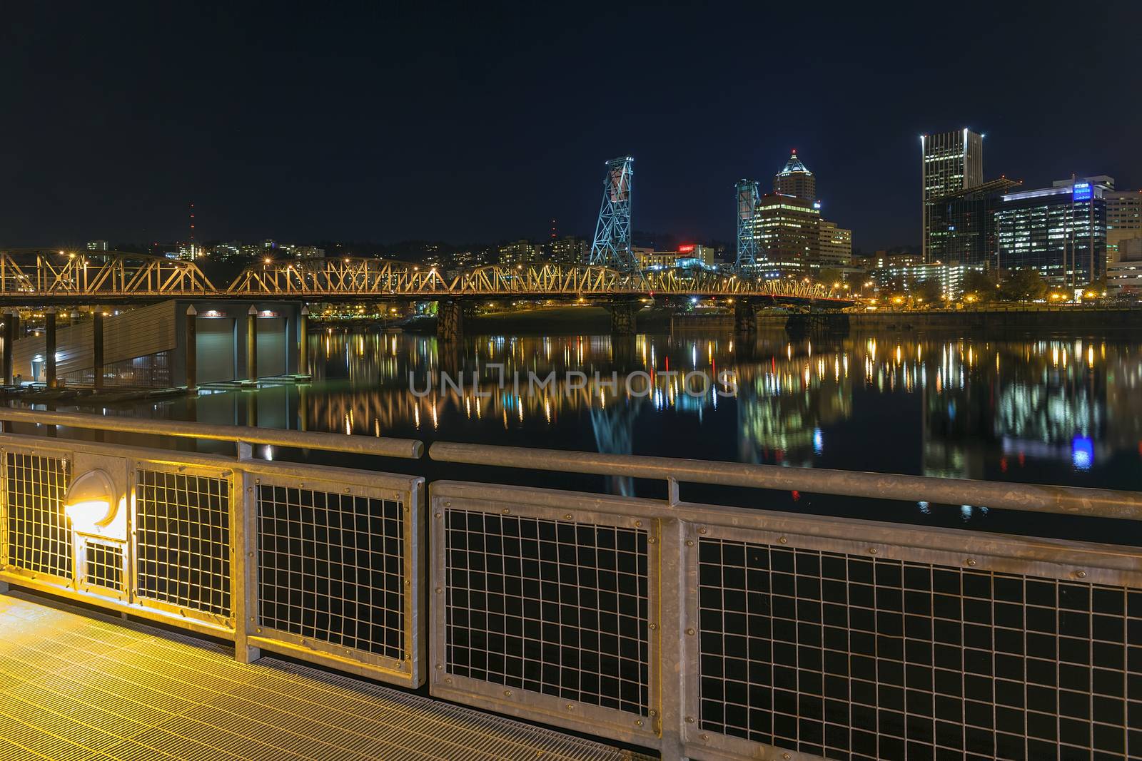 Portland Oregon Downtown Skyline and Hawthorne Bridge View from Eastbank Esplanade at Night