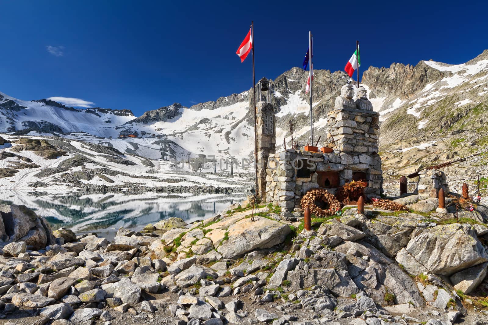 ww1 memorial in Lago del Monticello with Presena glacier on background, Italy