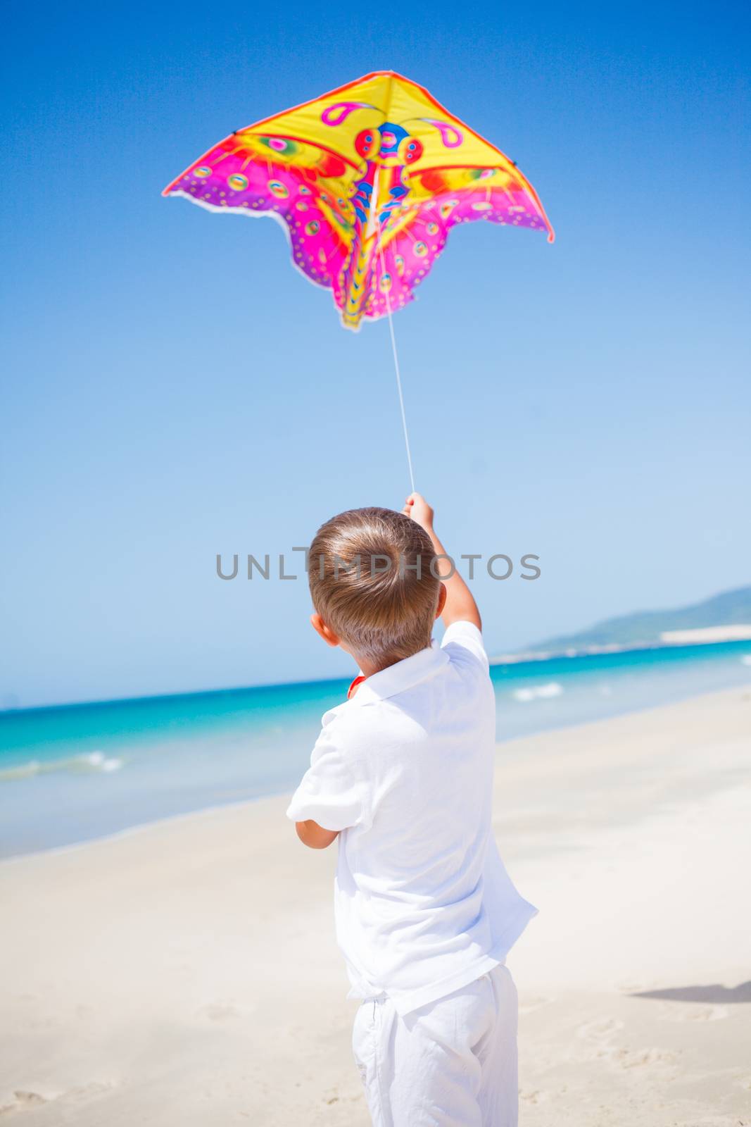 Summer vacation - Cute boy flying kite beach outdoor.