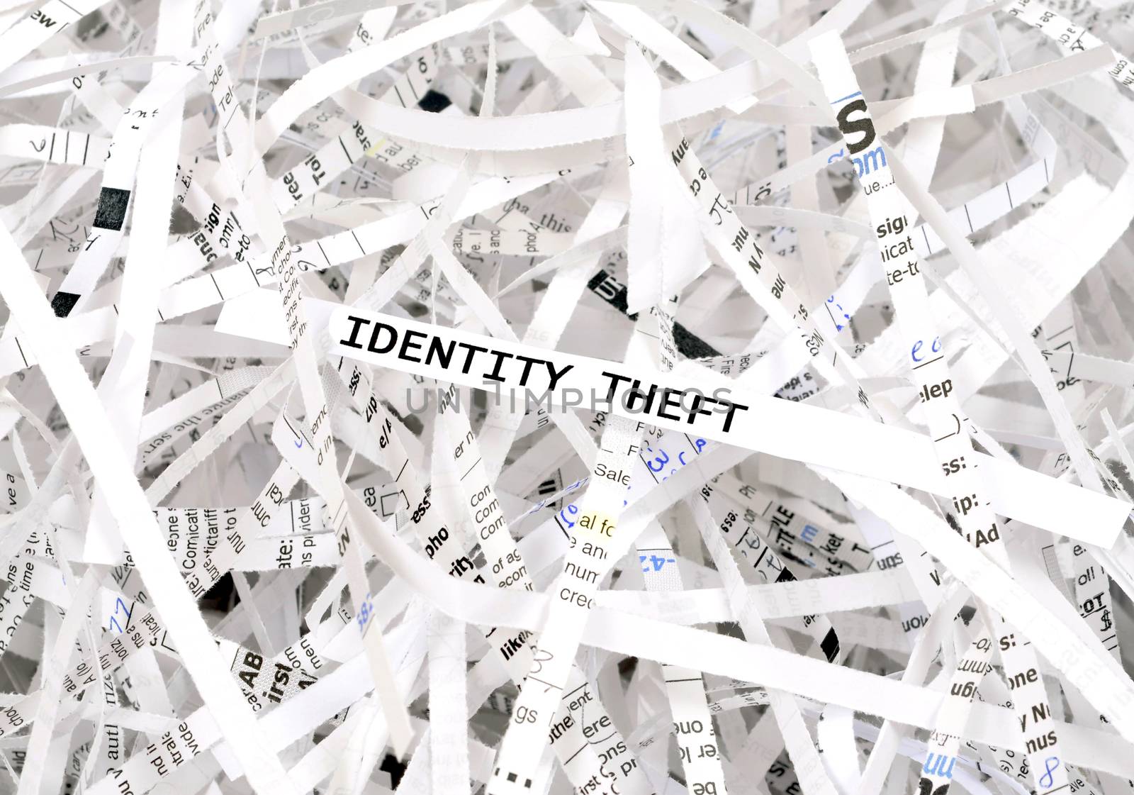 Identity theft text surrounded by shredded paper. Great concept for information protection