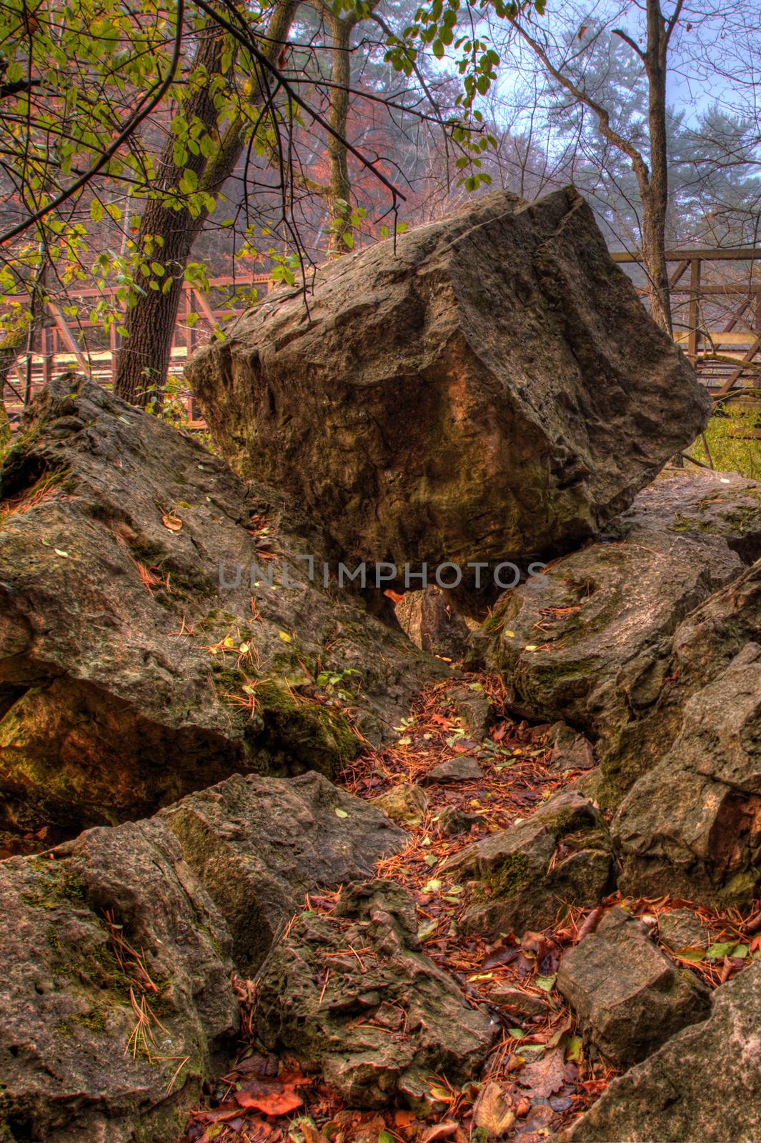 Rocks and Bridge in HDR during Fall colors.