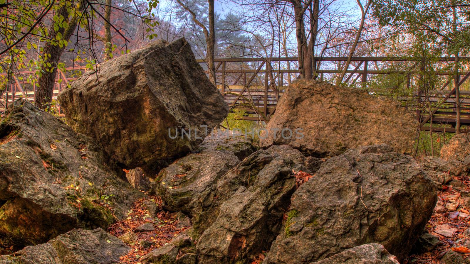 Rocks and Bridge in HDR Fall colors. by Coffee999