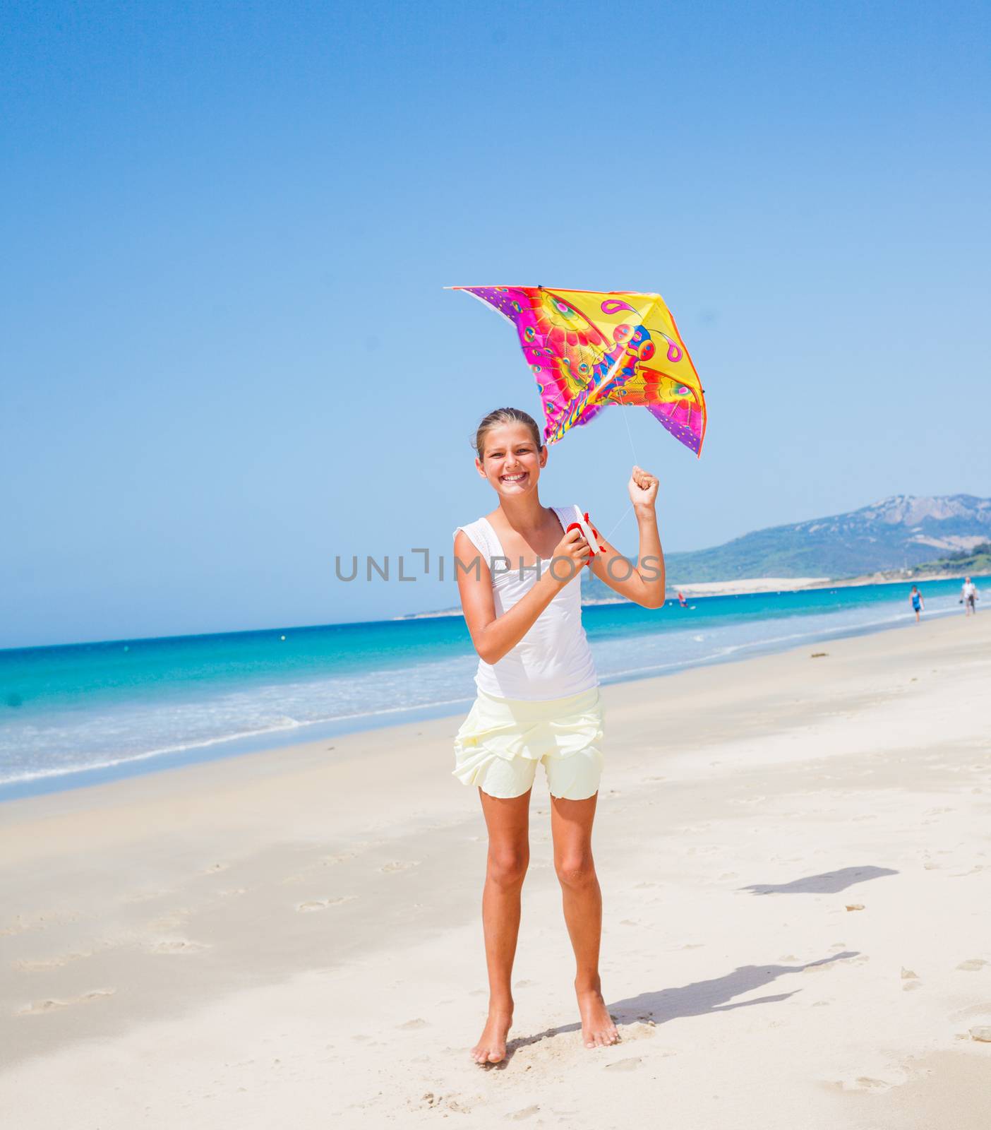 Beach cute girl kite flying outdoor coast ocean