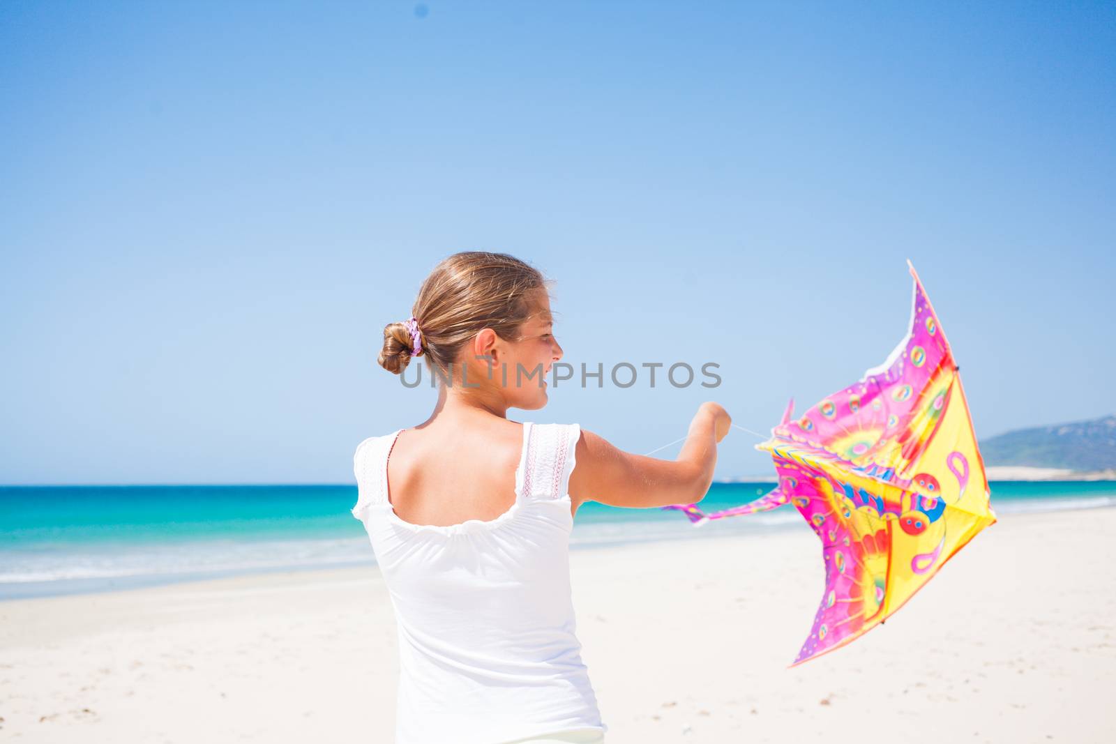 Beach cute girl kite flying outdoor coast ocean