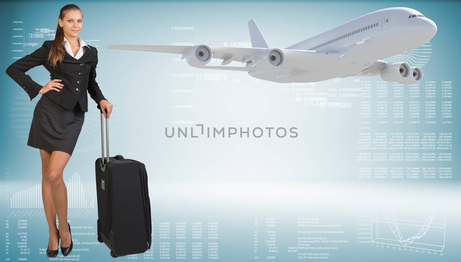 Businesswoman holding wheeled travel bag. Image of flying airliner beside. Hi-tech graphs with various data as backdrop