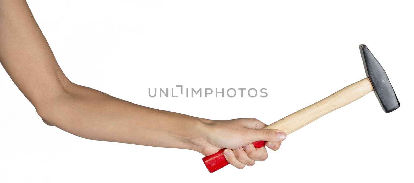 Female hand holding hammer by cherezoff