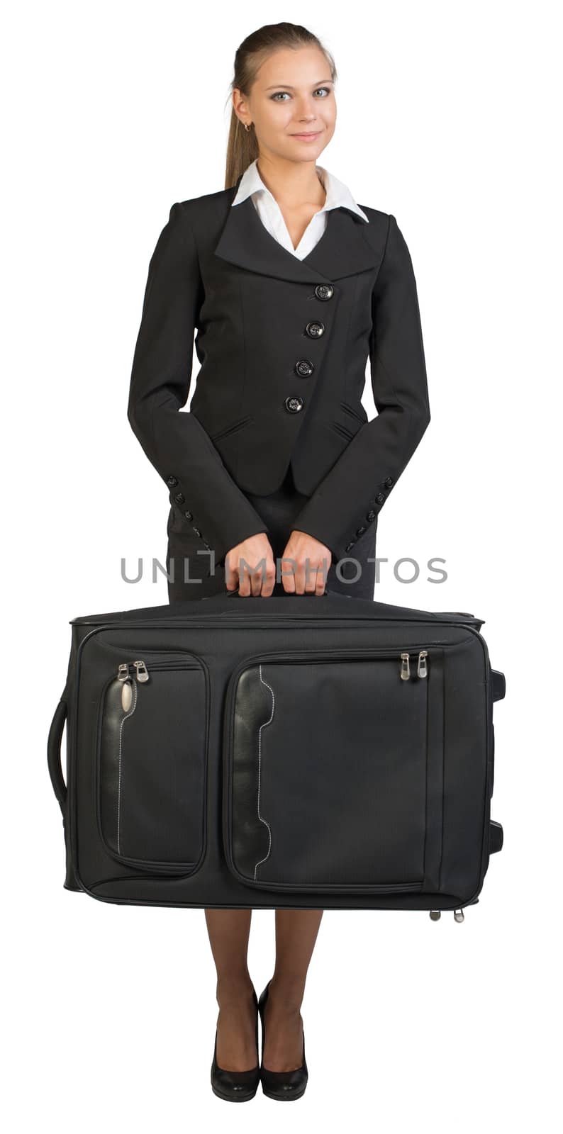 Businesswoman holding suitcase, looking at camera, smiling. Isolated over white background