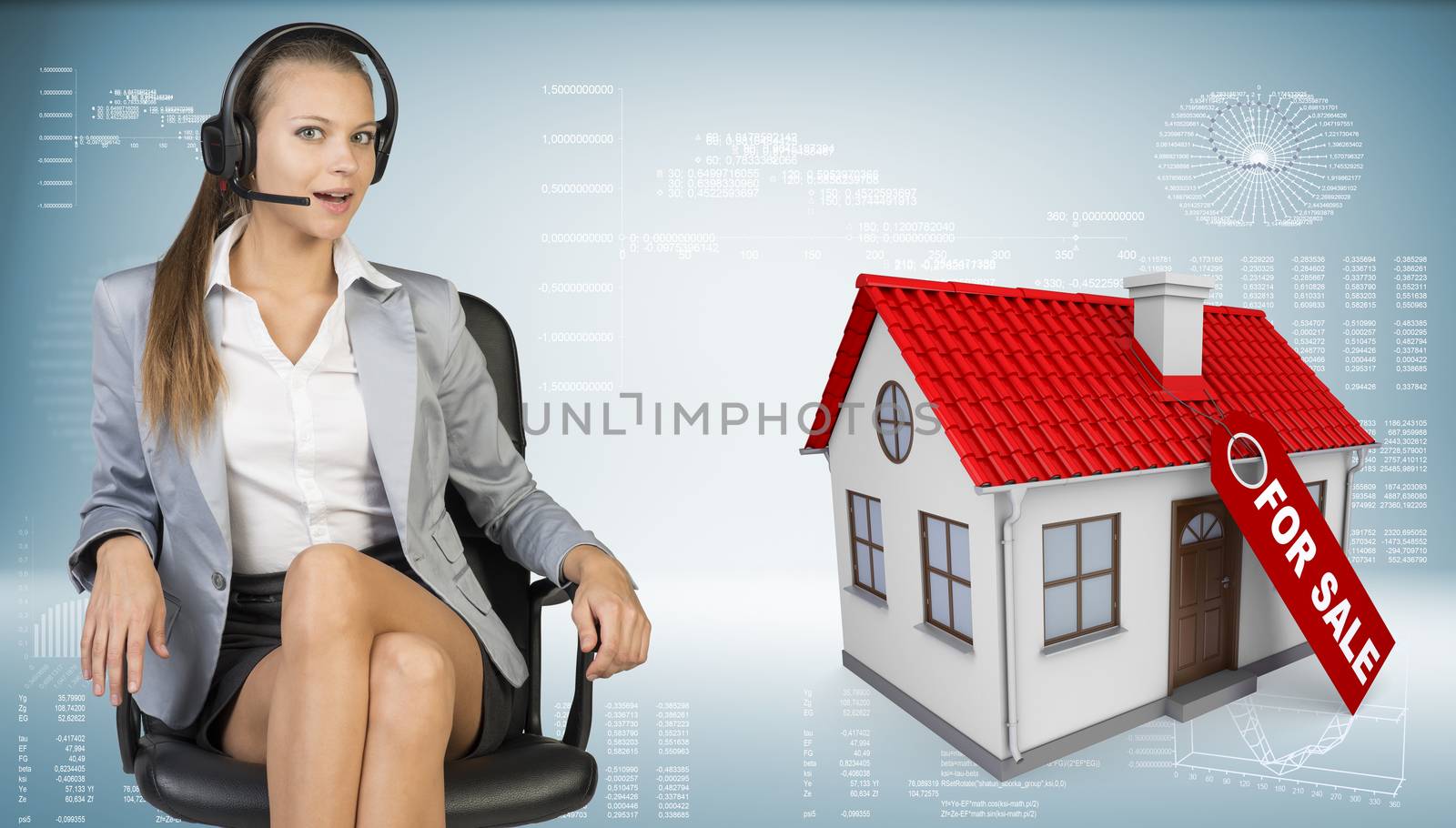 Businesswoman in headset, model house with tag for sale beside by cherezoff