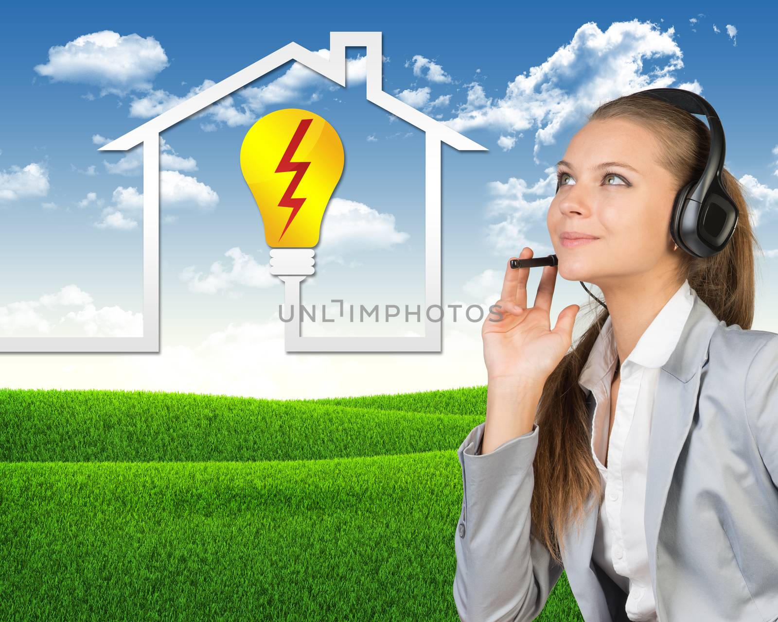 Businesswoman in headset, her hand on microphone, smiling. Symbol of electrical supply and service beside. Green hills and blue sky as backdrop