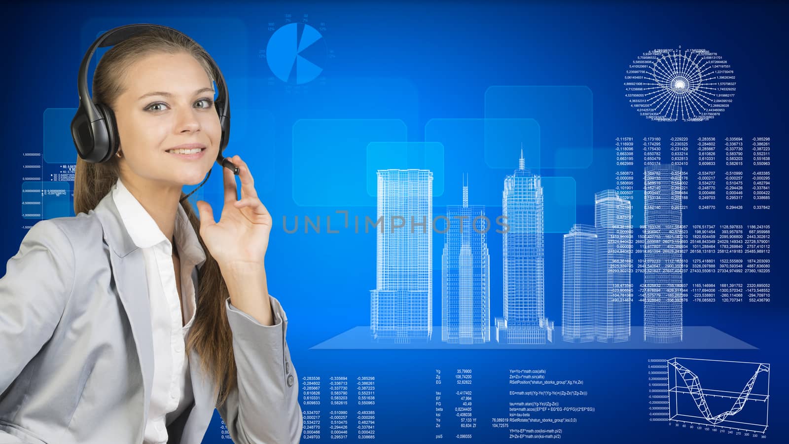 Businesswoman in headset. Skyscrapers beside, hi-tech graphs with various data as backdrop by cherezoff