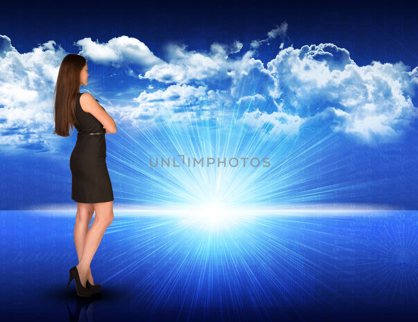 Businesswoman standing against blue landscape with rising sun by cherezoff