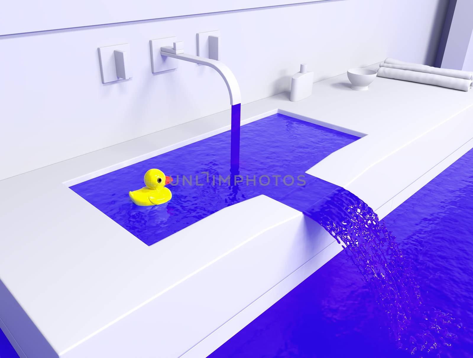 rubber duck in the flooded sink (3d concept)
