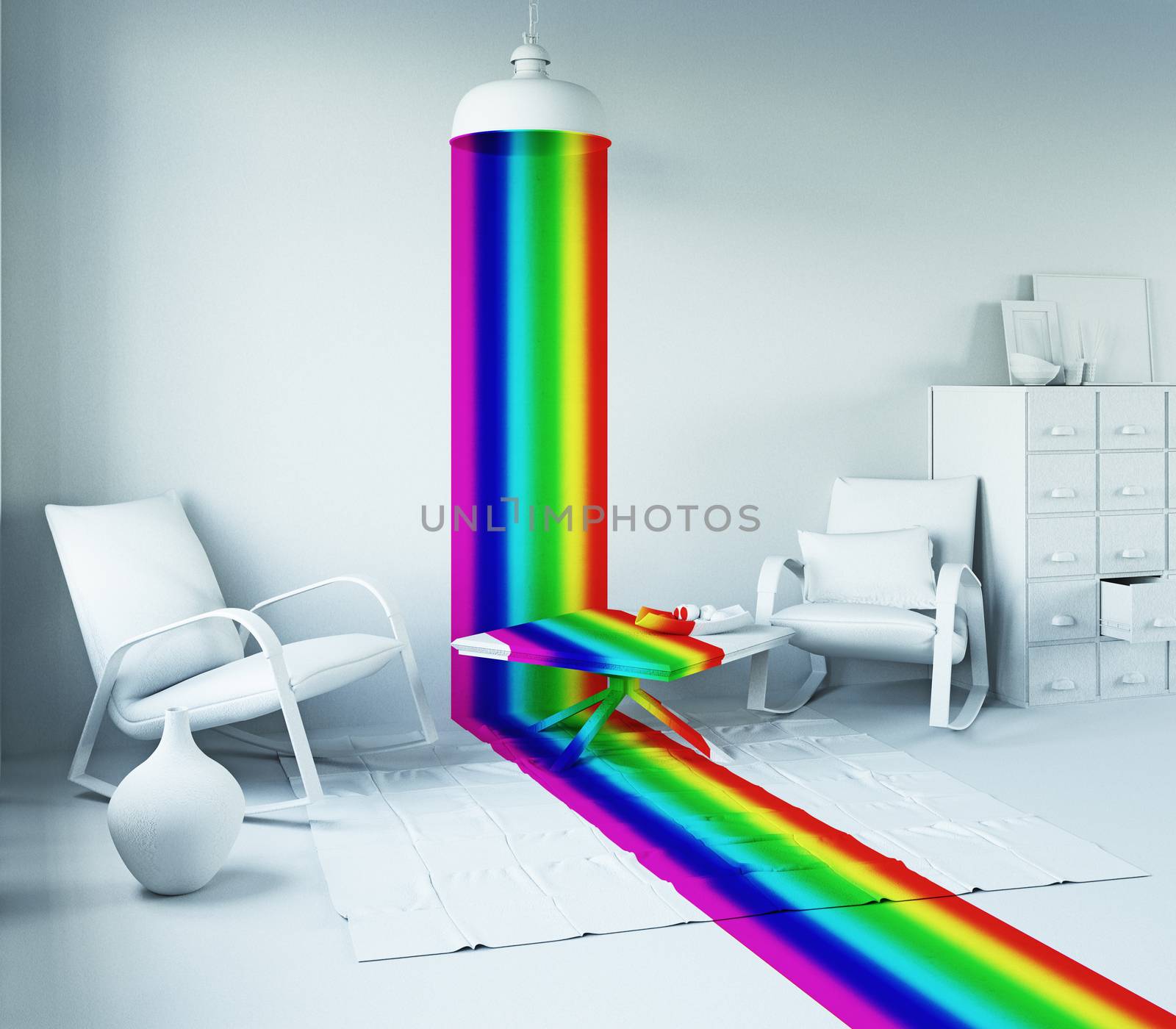 Rainbow color light from the lamp in a white interior. Art-style 3d concept