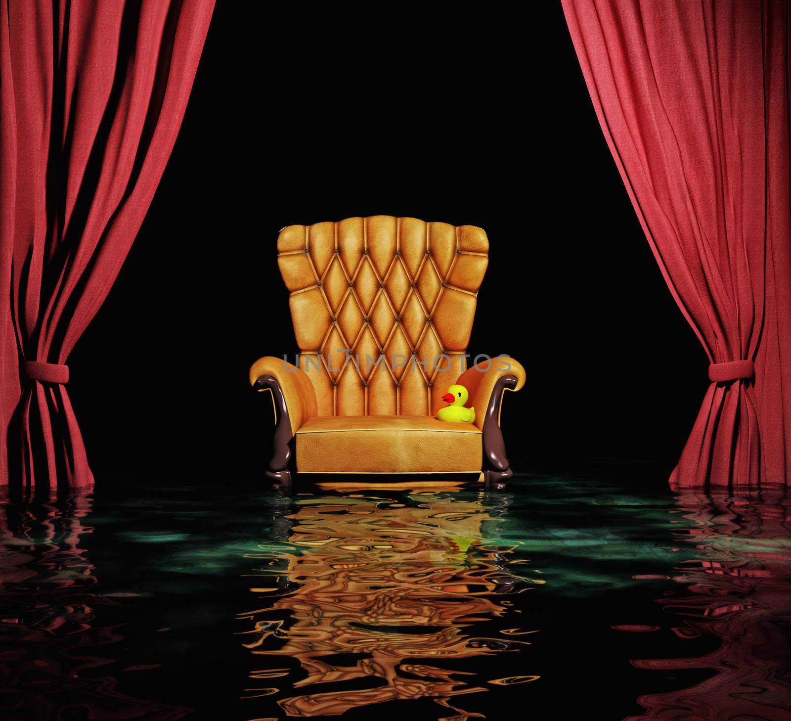 luxury leather armchair and red curtain above flooding  interior (3D)