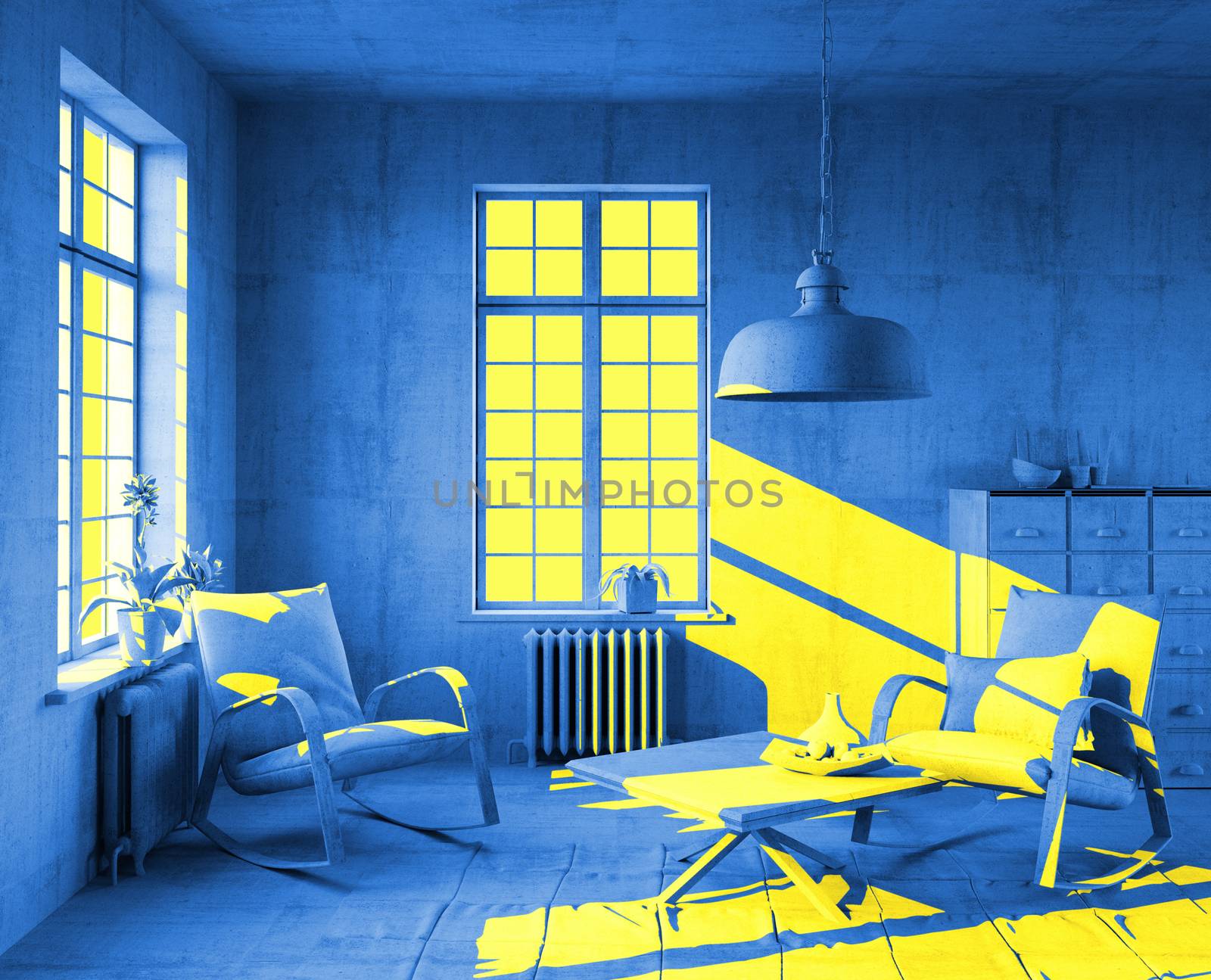 yellow sunlight in art-style interior. 3d concept