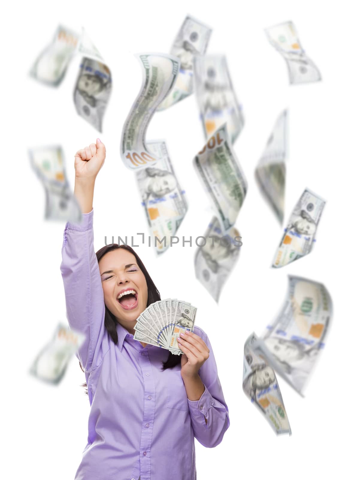 Celebrating Young Woman Holding $100 Bills with Many Others Falling Around Her on White.