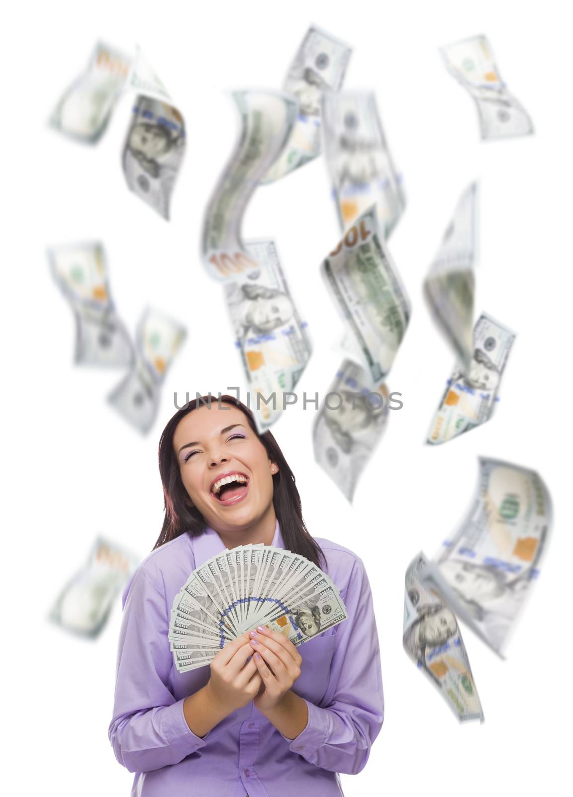 Celebrating Young Woman Holding $100 Bills with Many Others Falling Around Her on White.