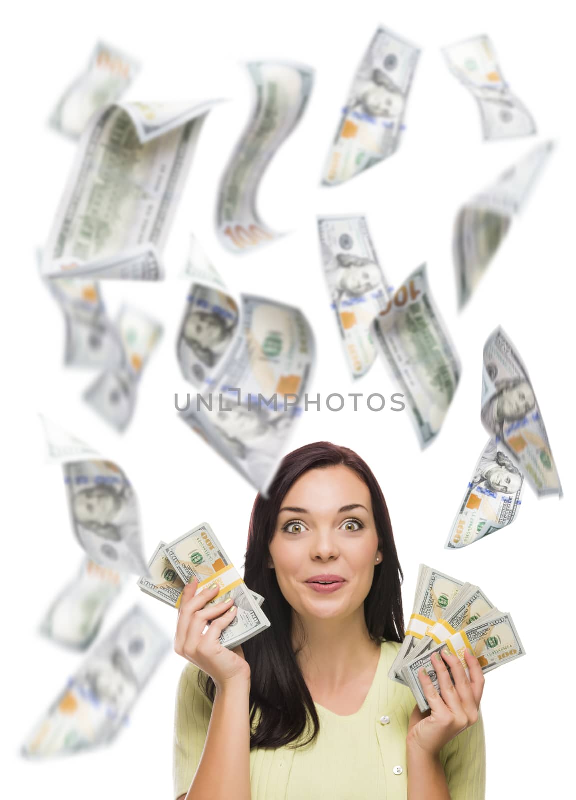 Celebrating Young Woman Holding $100 Bills with Many Others Falling Around Her on White.