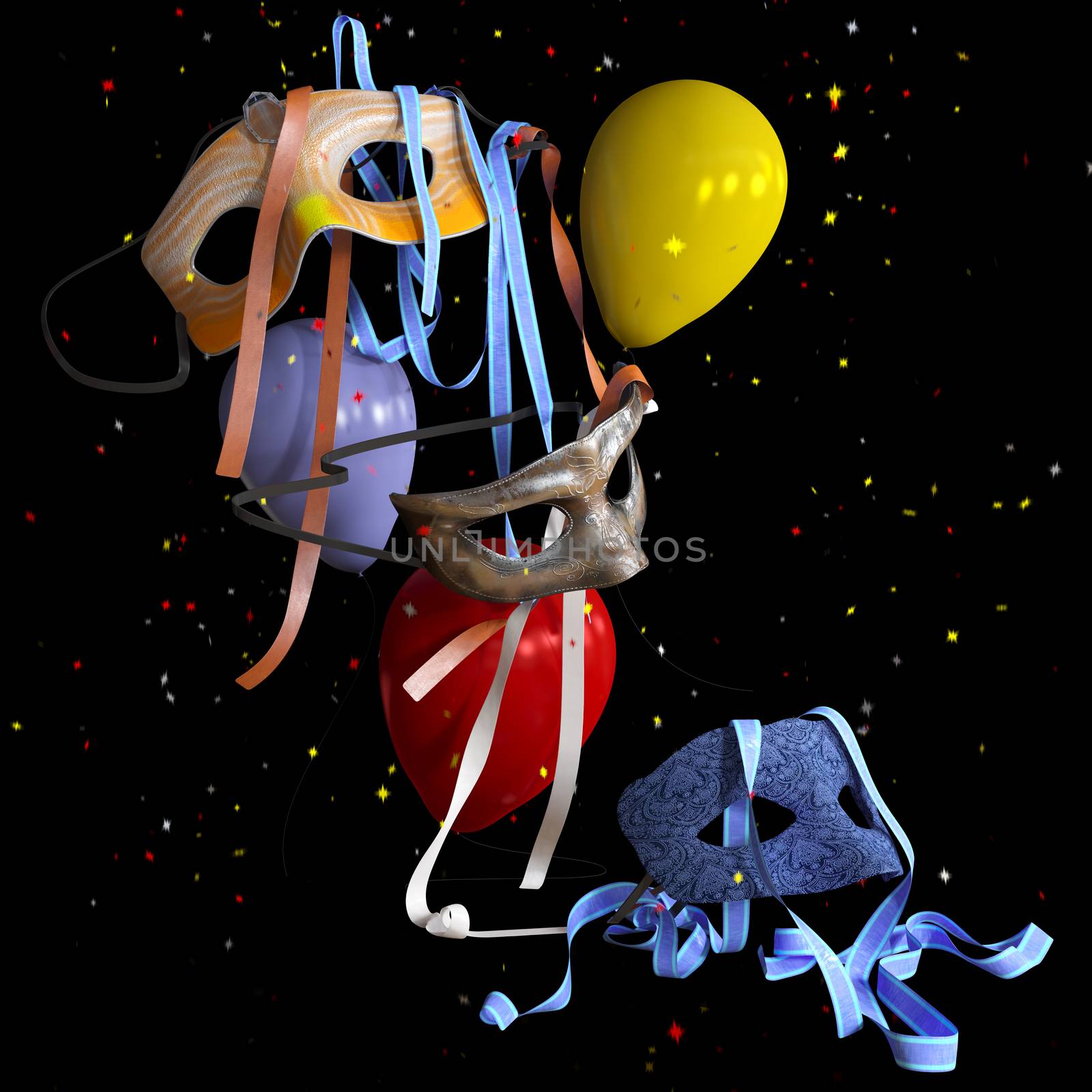 birthday and holiday decorative background with balloons and masks
