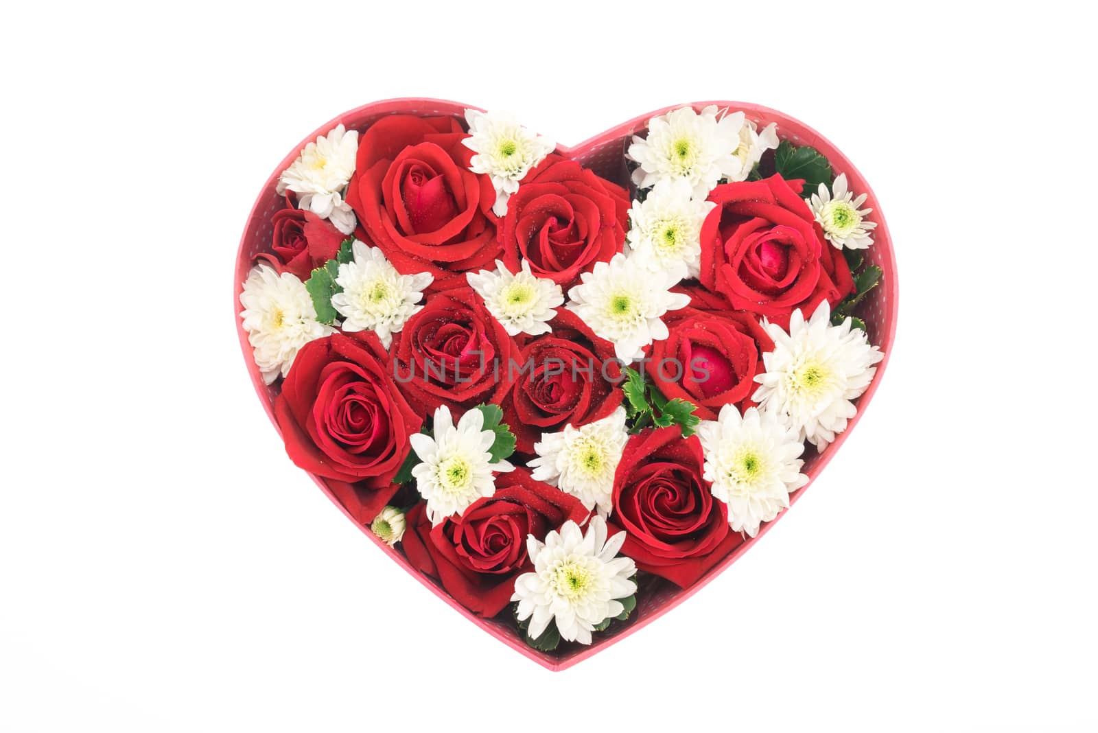 Roses and carnations held in the heart shape box. gift for valentine 's day, isolated on white background