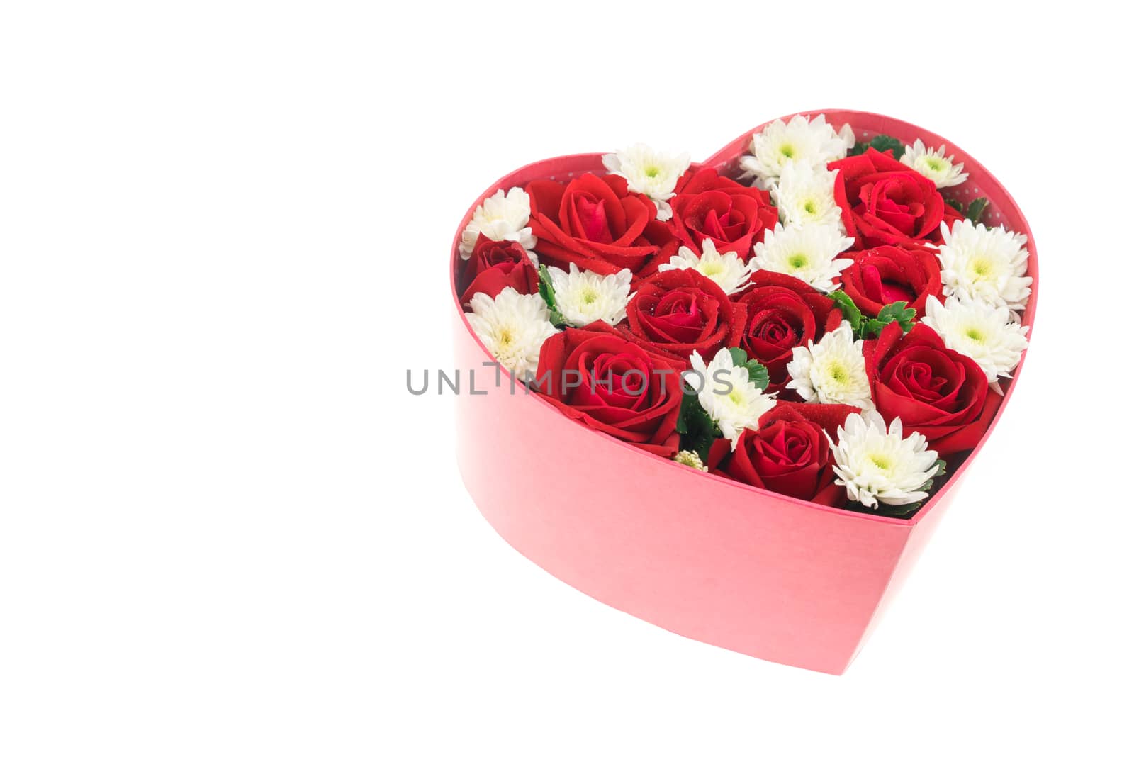 Roses and carnations held in the heart shape box. gift for valentine 's day, isolated on white background