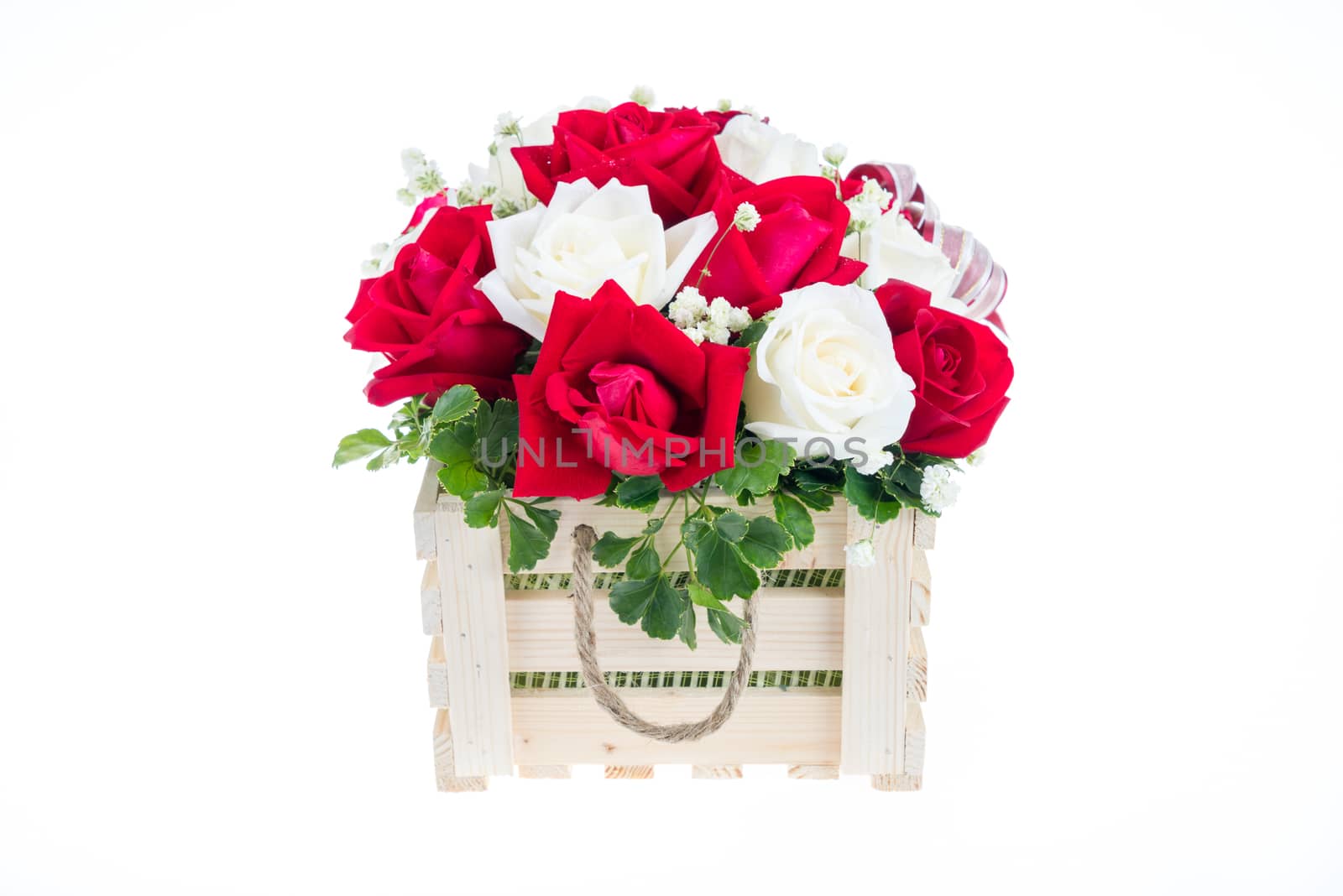 Red and white rose in a wooden basket with beautiful ribbon, gift for valentine 's day, isolated on white background