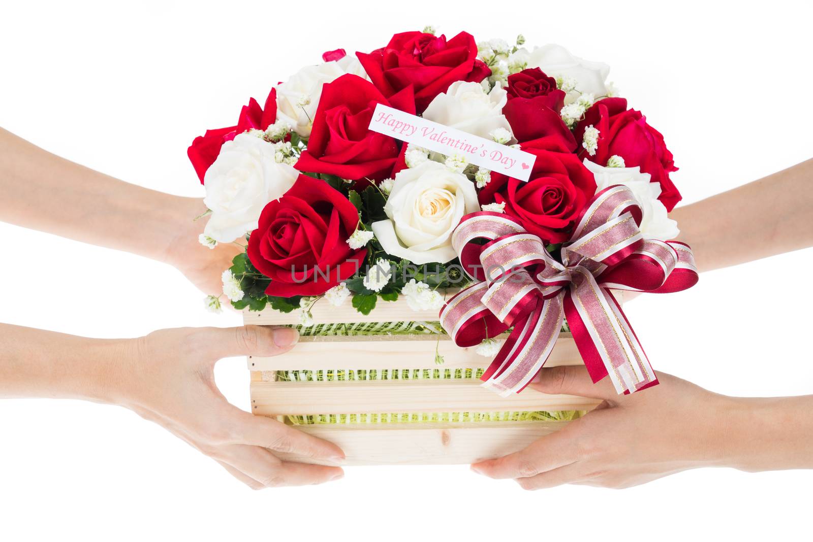 Hand delivers baskets of red and white rose flowers by iamway