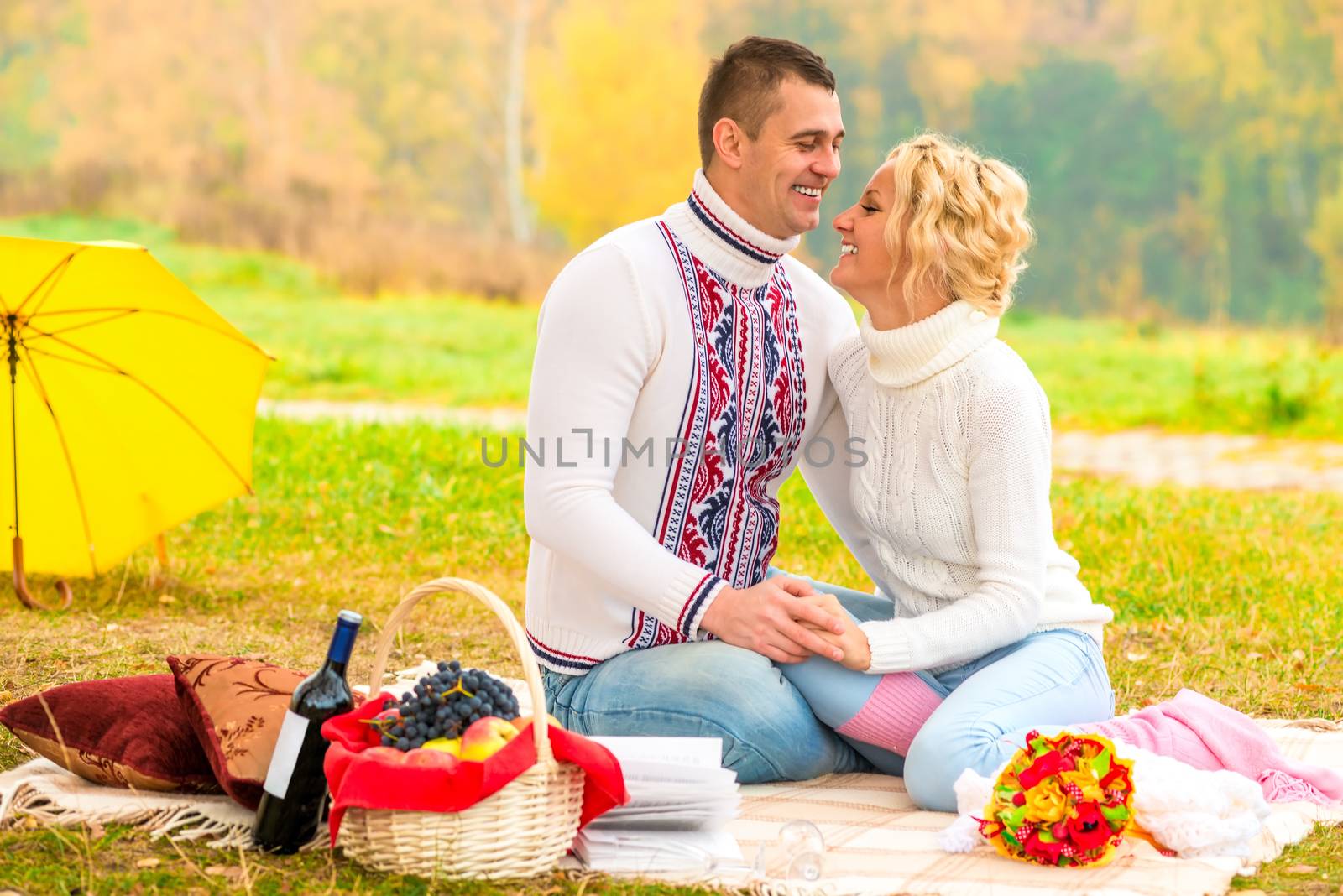 laughing beautiful couple spending time at the picnic