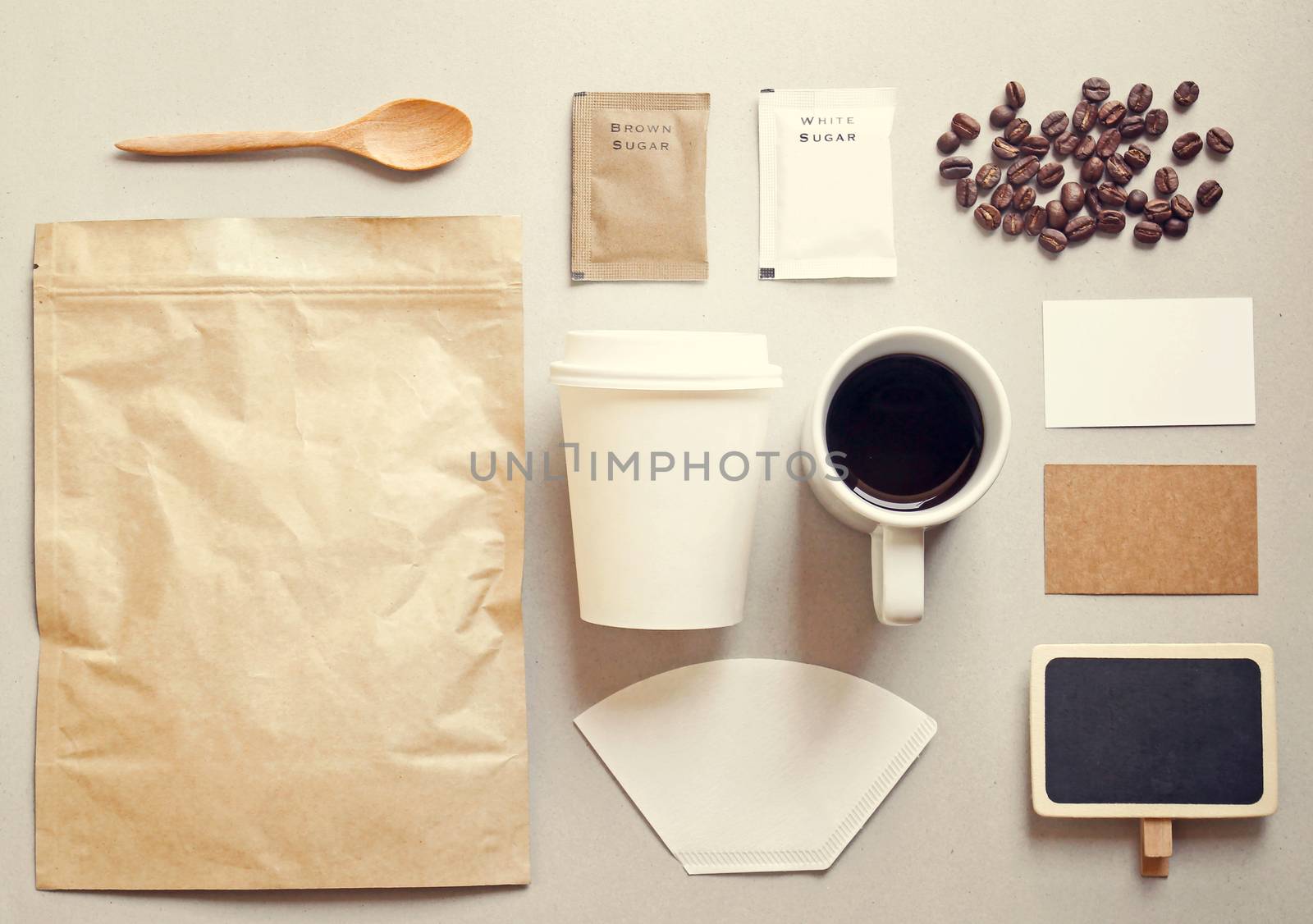 Coffee identity branding mockup set with retro filter effect 