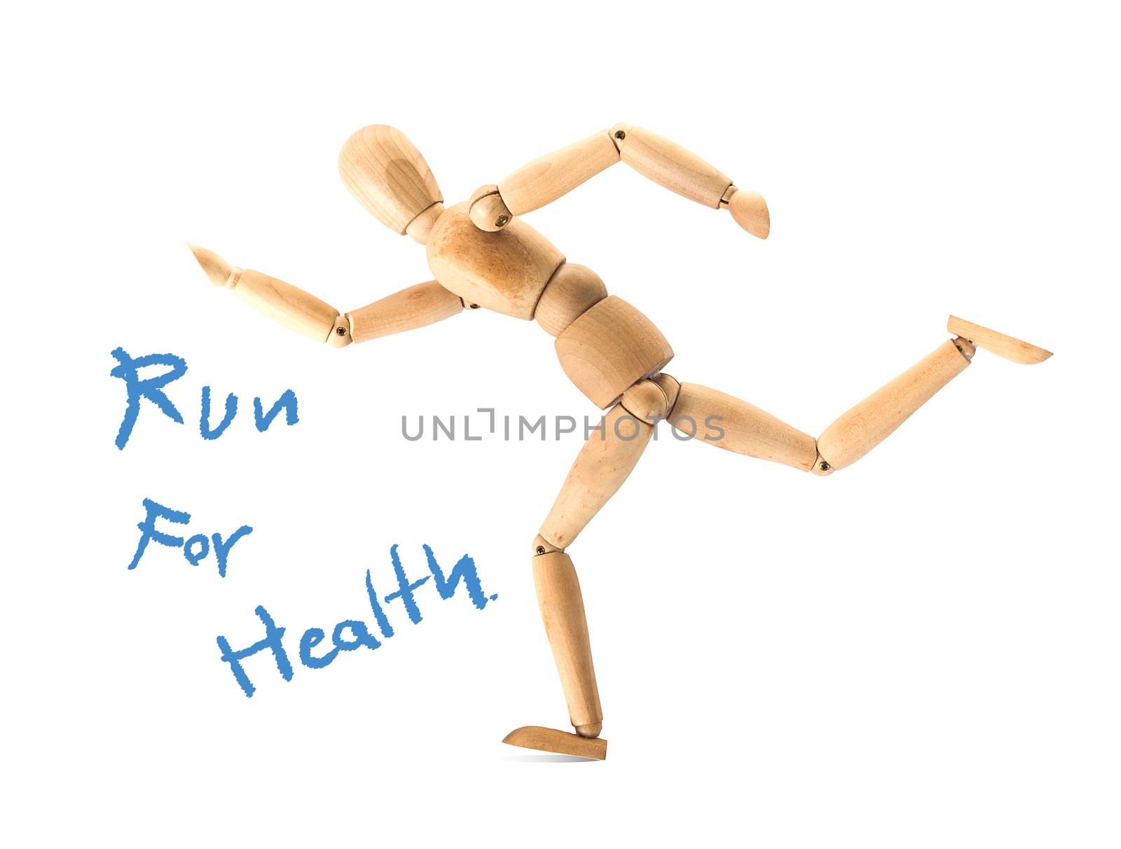 Wooden figure on running pose isolated on white,running for health concept