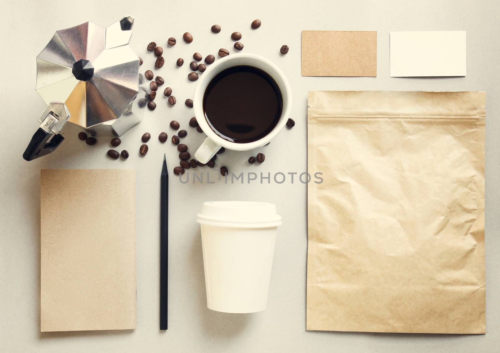 Coffee identity branding mockup set with retro filter effect