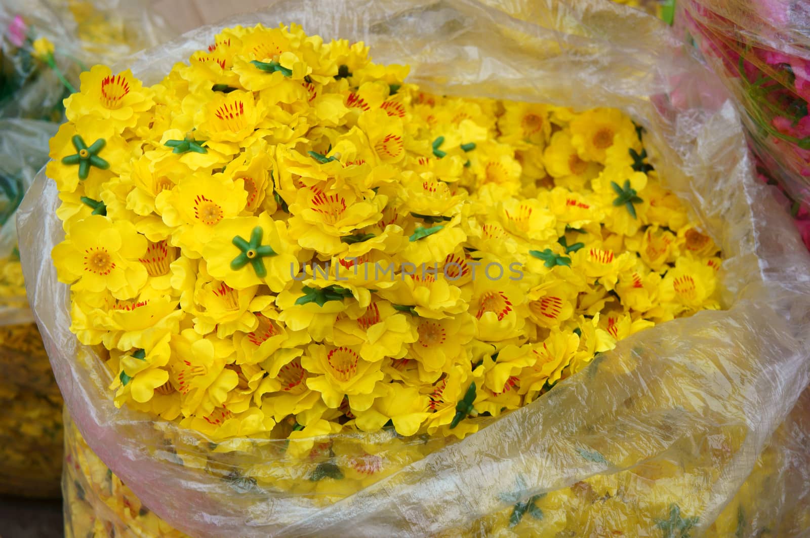 Colourful raw materiral decoration to decorate for house on New Year seasonal at Vietnam, Vietnamese like sakura blossom on Tet and use artificial flower to make beautiful for tree