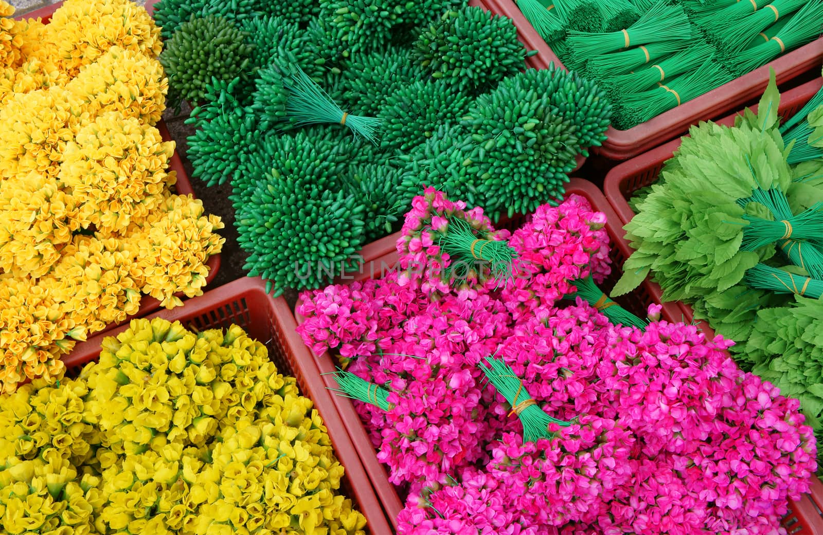 Colourful raw materiral decoration to decorate for house on New Year seasonal at Vietnam, Vietnamese like sakura blossom on Tet and use artificial flower to make beautiful for tree