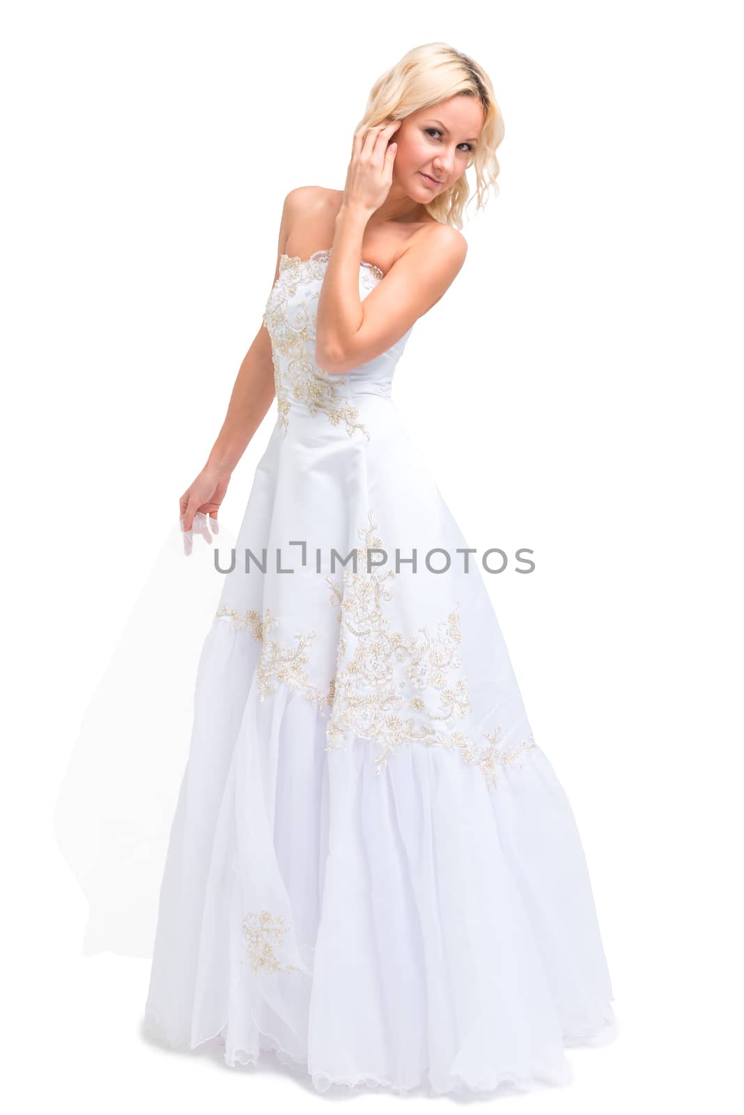 blonde bride in a wedding dress on a white background