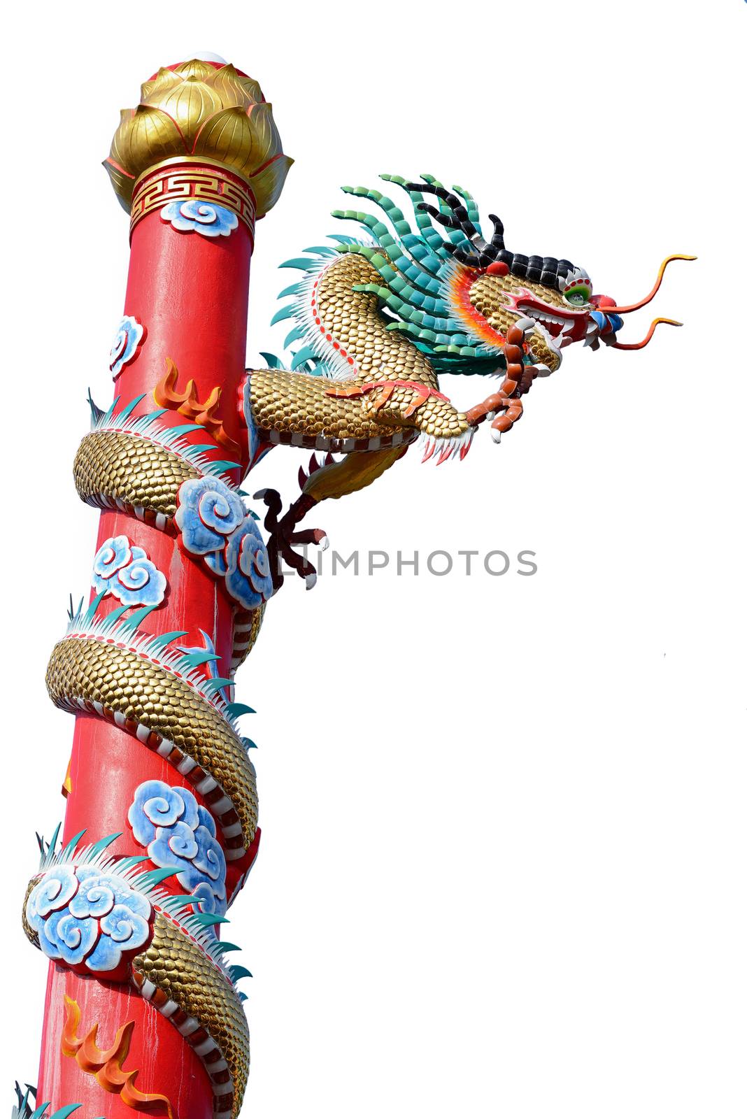 Chinese style golden dragon statue isolated on white background