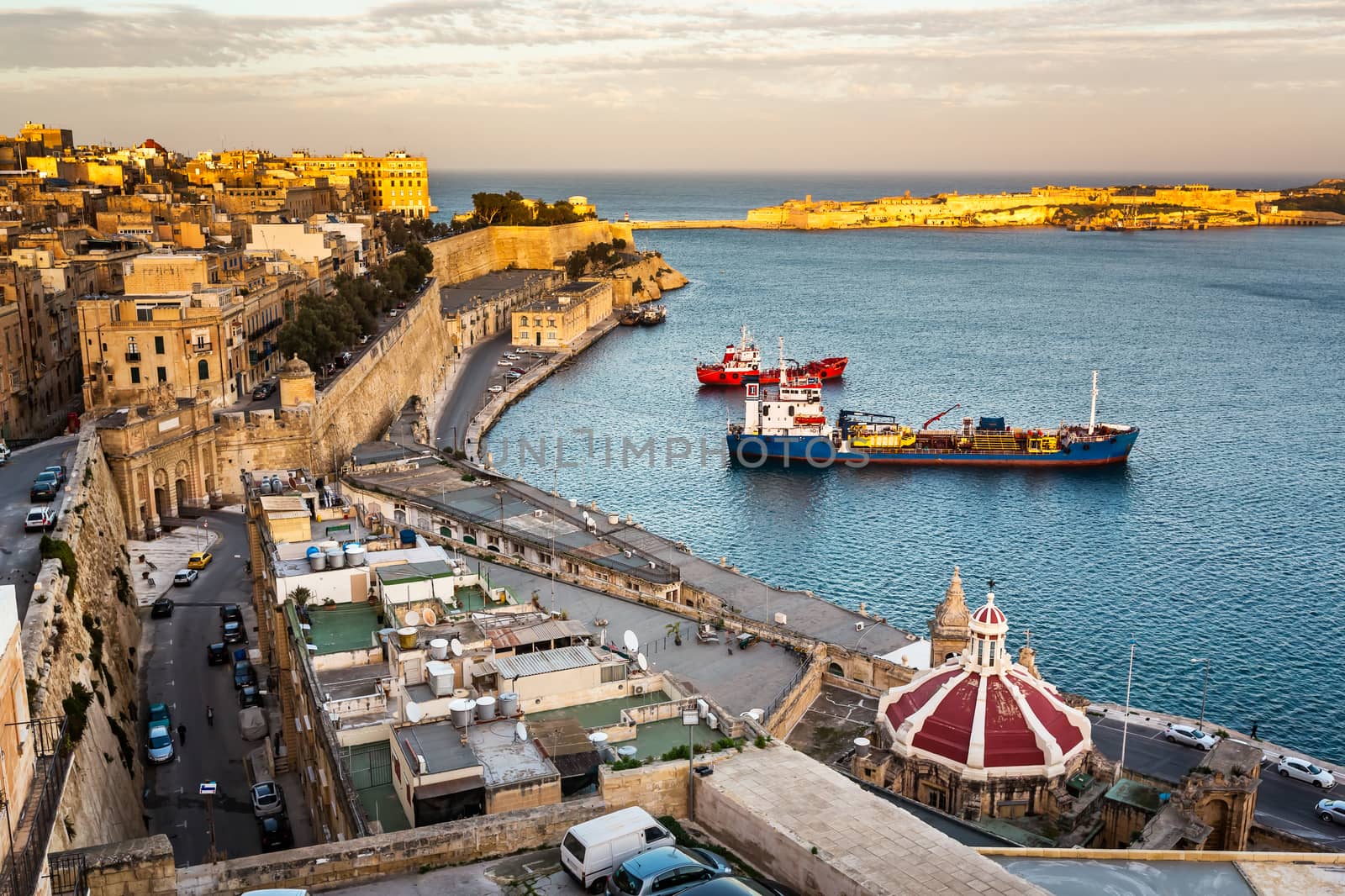 Aerial View on Valletta and Grand Harbour from Barrakka Gerdens, Malta