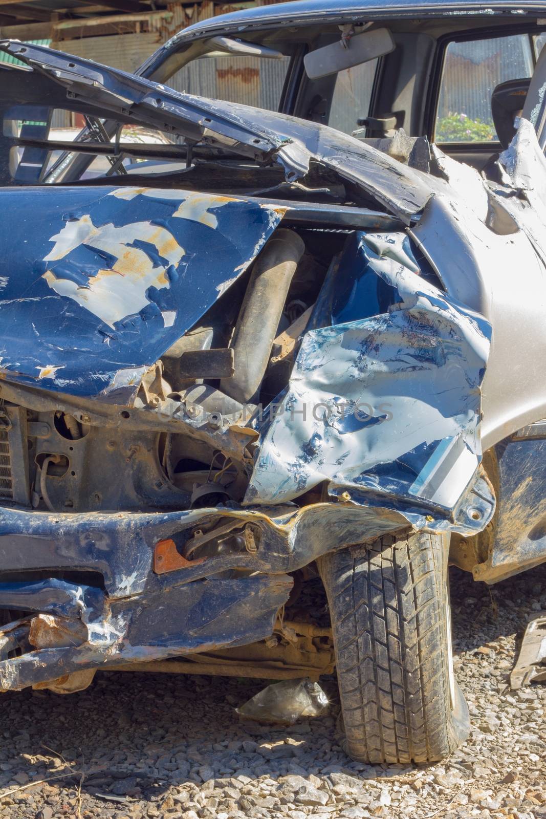 car damaged in a traffic accident. Car crash wreck - insurance concept