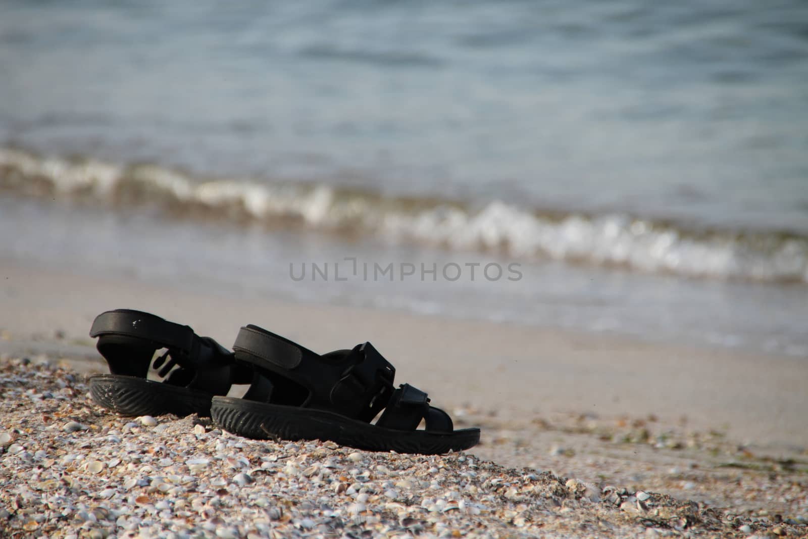 Summer sandals on the Shelly shore near the sea with waves