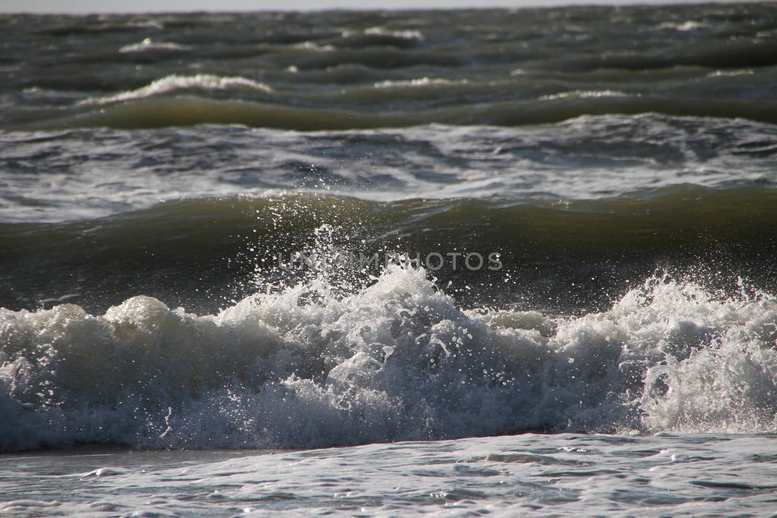 Wave with white foam and spray on the background of the storm on a clear day. Big waves natural background