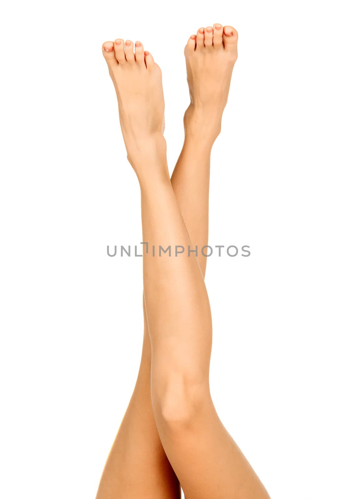 Long female legs on a white background, isolated, copyspace