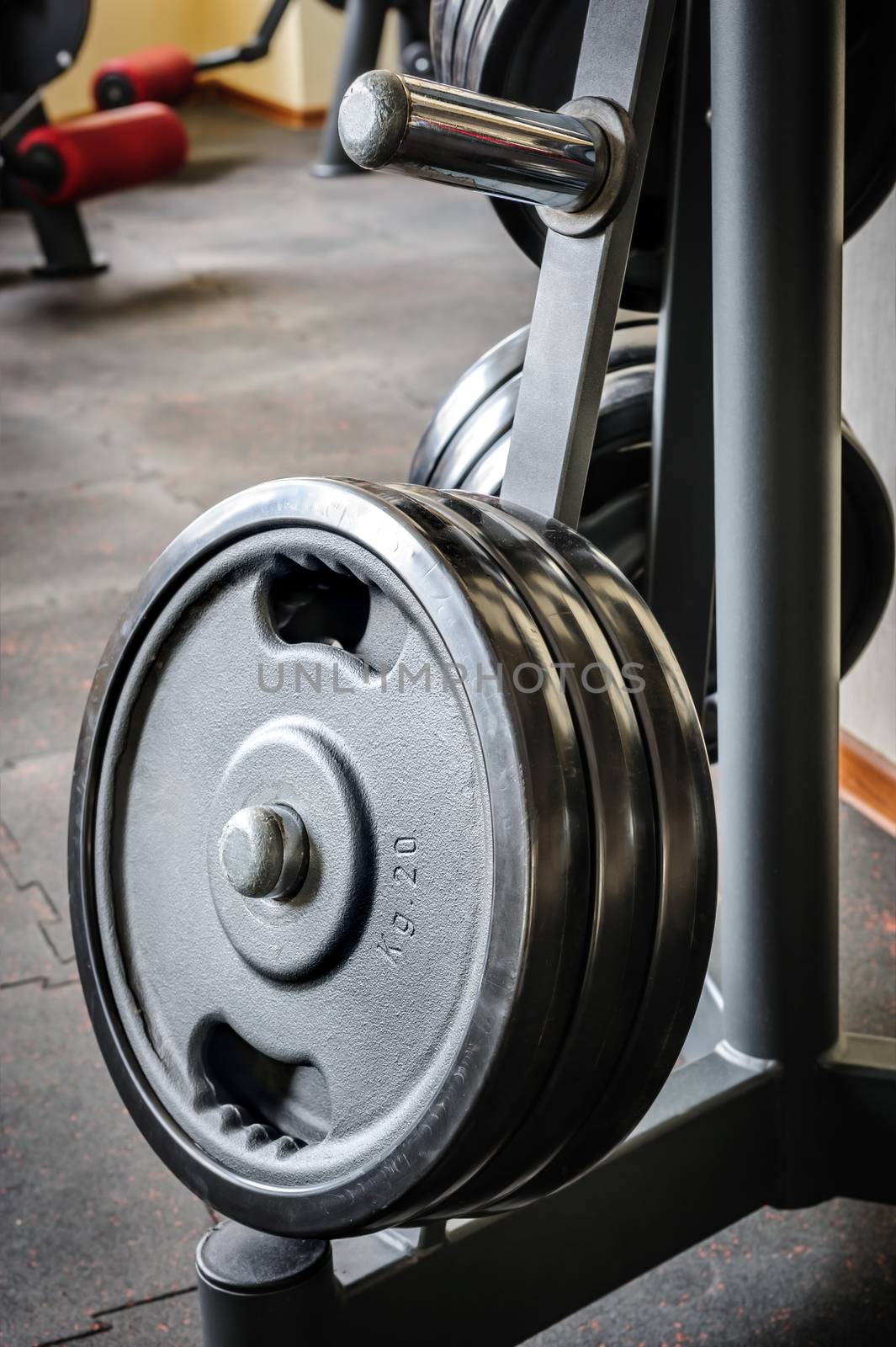 Gym interior with barbell plates holder rack