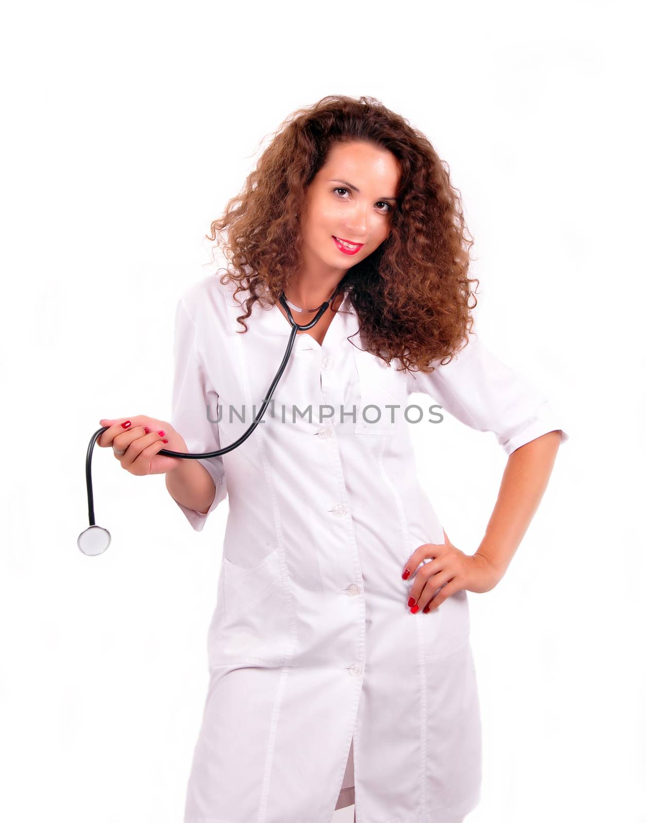 Young beautiful successful female doctor with stethoscope by Nikola30