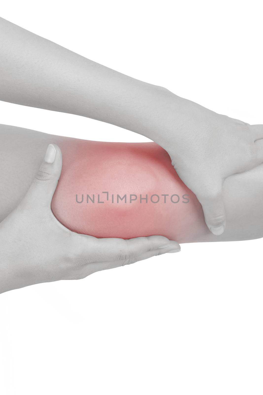 Knee injury. Woman holding her knee with highlighted pain area isolated on white background. 