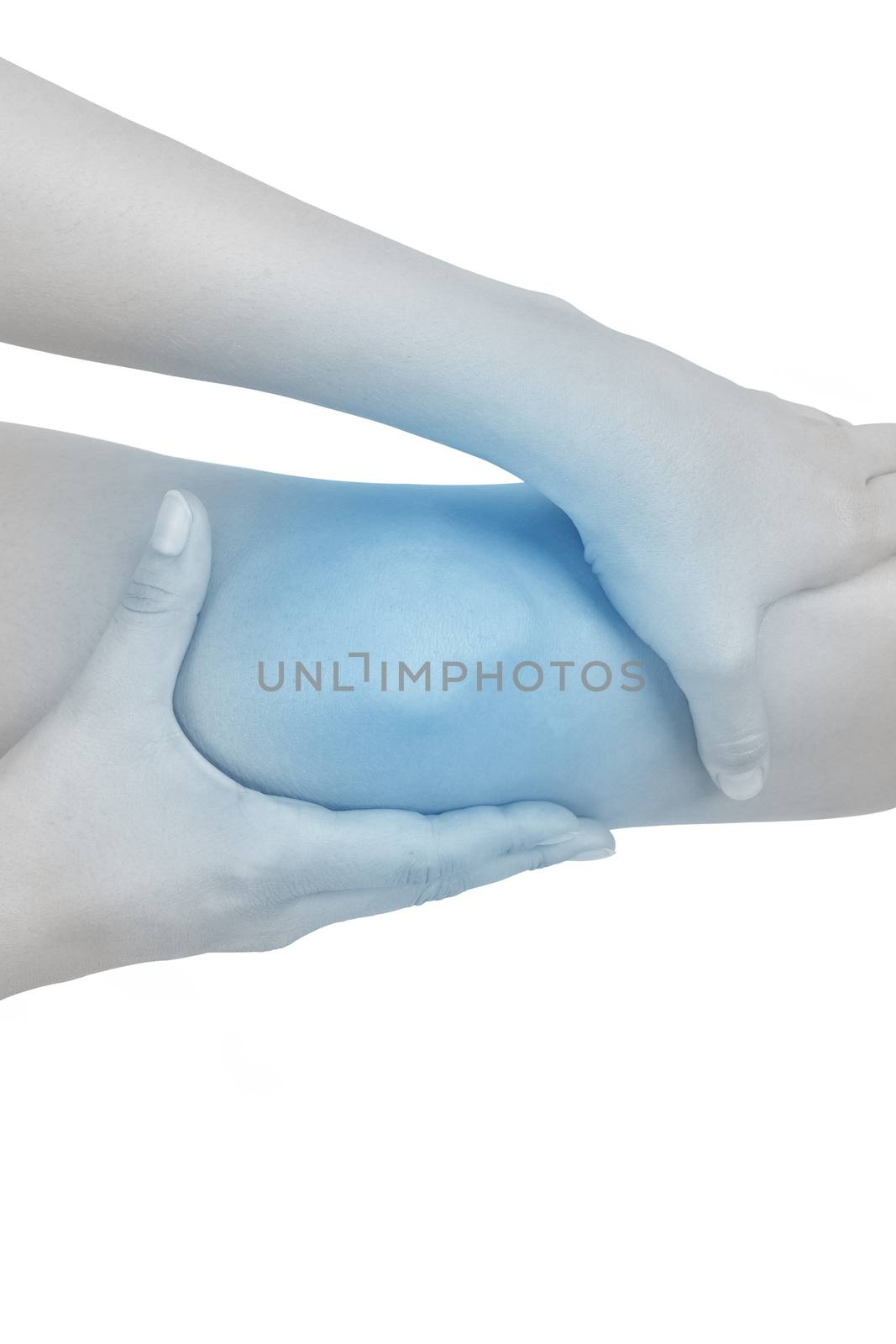 Woman holding her knees with highlighted pain area isolated on white background.