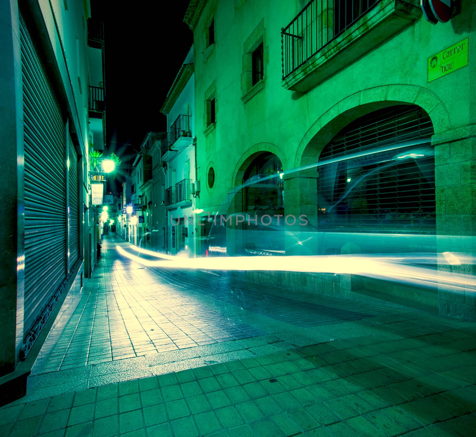 Tossa de Mar, Catalonia, Spain, 06.18.2013, Carrer Nou street at night, instagram image style