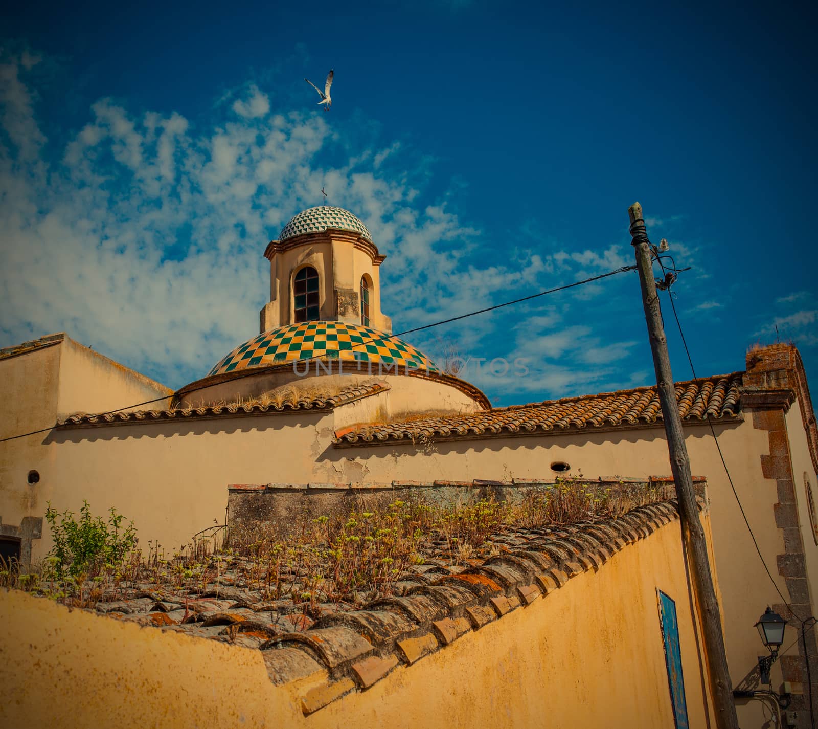 Tossa de Mar, Catalonia, Spain, 06.19.2013, landscape ancient town with a dome Catholic Church, instagram image style