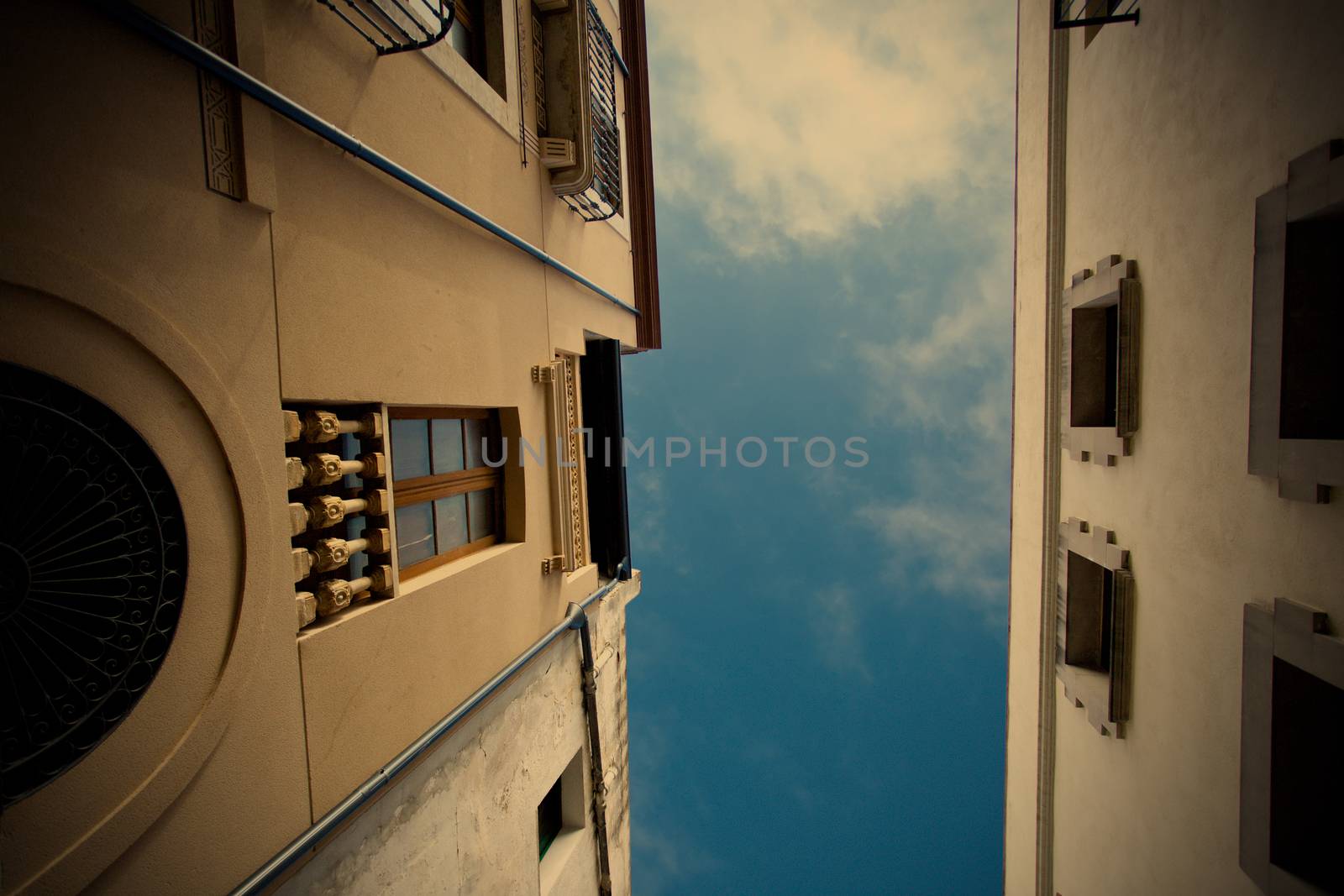 european sky above houses, instagram image style