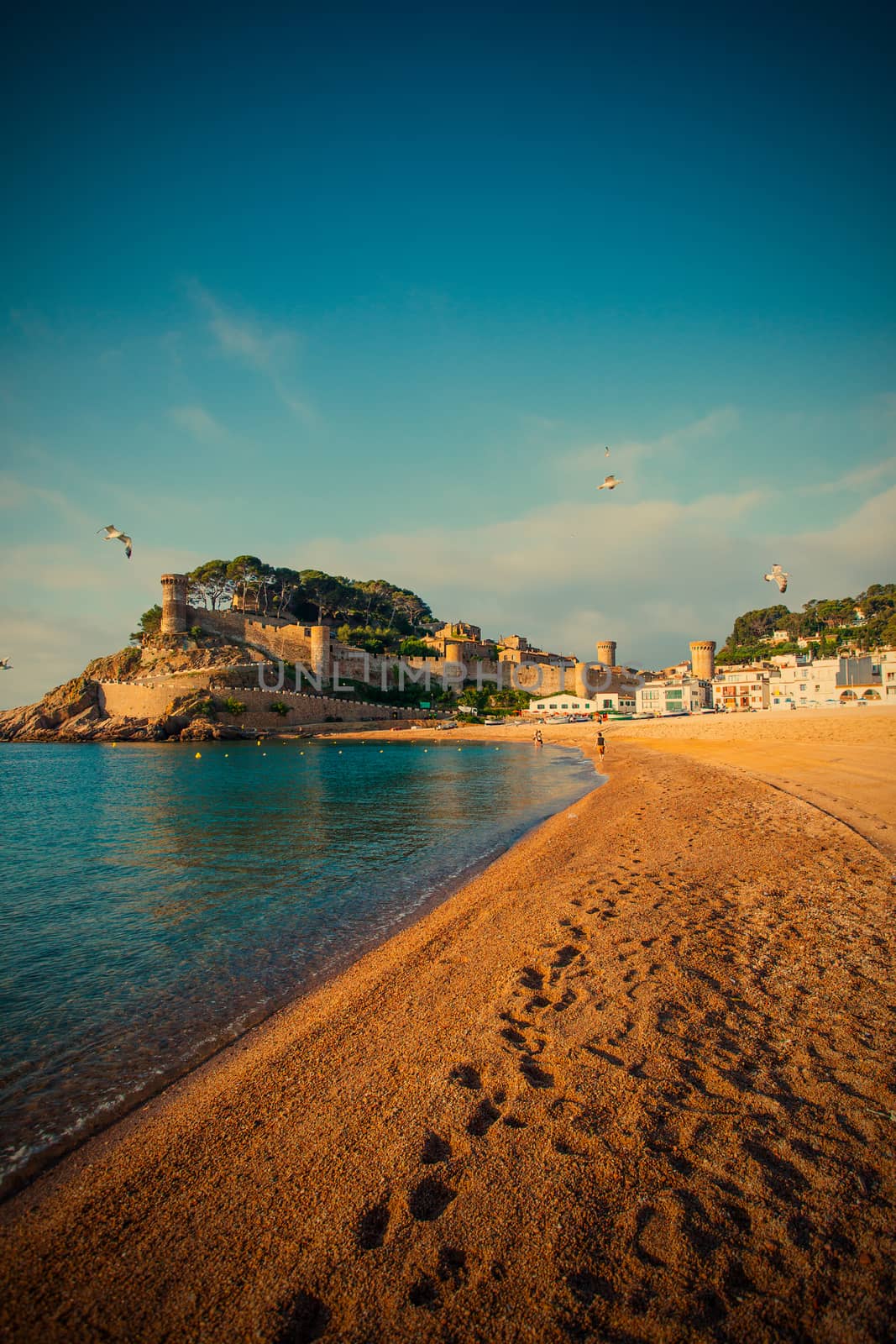 Tossa de Mar, Catalonia, Spain, JUNY 23, 2013, the panorama overlooking the bay Badia de Tossa and medieval fortress Vila Vella on a rock. Editorial use only. Instagram style image