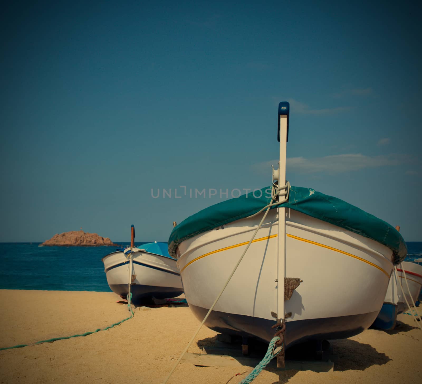 White boat on the shore of the blue sea, instagram image style